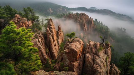 Mist clinging to jagged rock peaks in a moody, overcast forest atmosphere