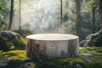 Naklejka premium Wood Slice Product Display on Moss-Covered Forest Floor. Ethereal Photography Backdrop with Organic Materials