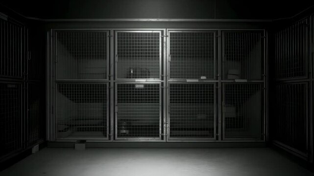 Dark empty animal shelter hallway with rows of cages under bright overhead lights. Concept of pet abandonment, waiting for adoption, or rescue footage.
