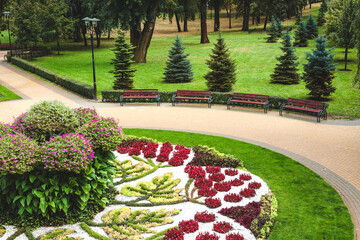 Beautifully arranged flower garden with benches in a park during the daytime