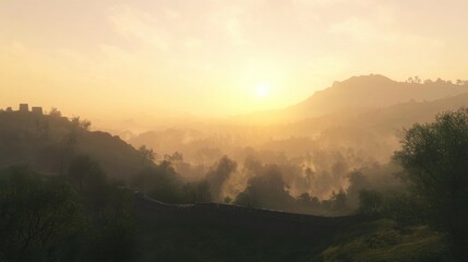 Misty sunrise over the Great Wall with golden light diffused through clouds and rolling hills