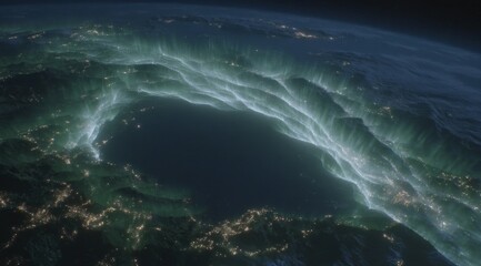 Stunning Aerial Night View  Luminous Green Nebula Over Earth s Curvature