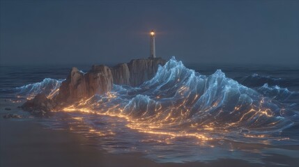 Luminous Ocean Waves Crashing Against Coastal Lighthouse at Night