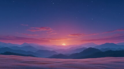 Serene Sunset  Majestic Mountains  Pink Sky  Peaceful Field