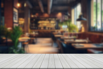 Empty wooden table in front of blurred cafe bar or restaurant. Abstract lights bokeh background, front view, free space for your product.