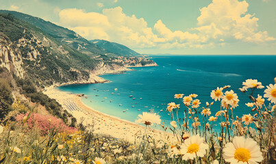 Naklejka premium Vintage 1970s Italian Coastal Landscape with Sunny Beach and Blooming Flowers, Retro Postcard Vibes, Summer Day, Tranquil Seaside Scenery, Historical Mediterranean, Generative AI