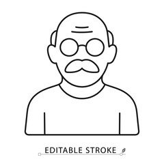 Grandfather icon in minimal black outline style with glasses and mustache on white background. Editable stroke vector for senior man, old person, family or character topics. Grandfather icon.