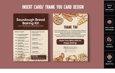 Editable Sourdough Bread Kit Thank-You Card, Insert card, Flyer Design, including a usage guide, tool list, and a warm customer message.