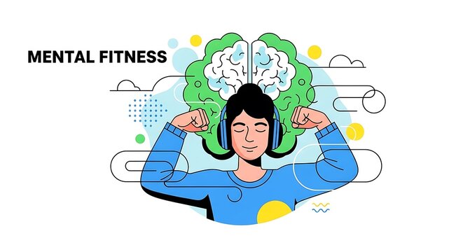 Illustrative representation of mental well-being featuring a person with headphones, brain-shaped design, and supporting graphic elements. Bright and cheerful colors evoke positivity and health.