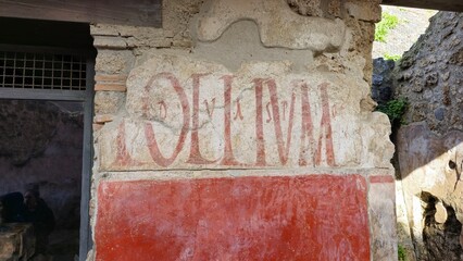 Pompeii, Italy - 8 January 2025. A wall displays ancient electoral graffiti in red Latin script, partially preserved above a red-painted panel, beside a window with metal bars.