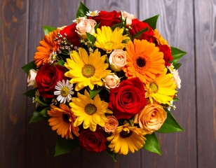Vibrant flower bouquet on wood