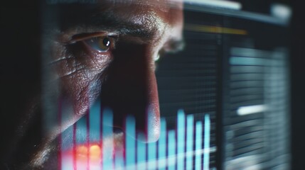 Stock Market Intense focus on data analysis with graphical interfaces in the background.