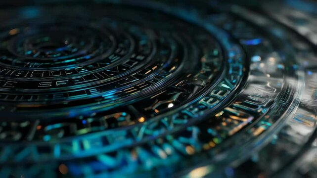 Complex circular structure with concentric rings featuring glowing alien glyphs rotates slowly, reflecting blue light, evoking advanced technology and extraterrestrial communication