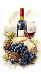 A stunningly arranged basket showcasing assorted cheese, fresh grapes, a glass of exquisite red wine, and a bottle