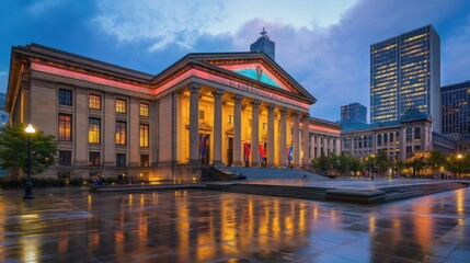 Fototapeta premium Historic courthouse building with dramatic lighting at dusk