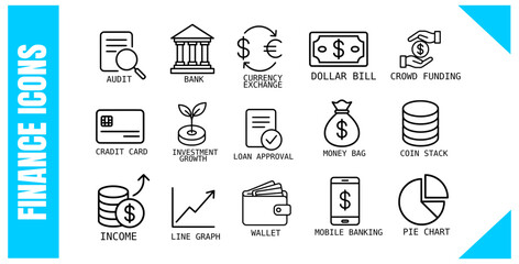 Finance Icons Set Outline Banking, Money, Investment, Wallet