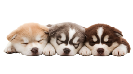 Three adorable purebred Siberian Husky puppies with distinctive fur colors resting together against a clean white background.