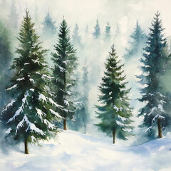 Snow-covered evergreen forest with a serene winter atmosphere