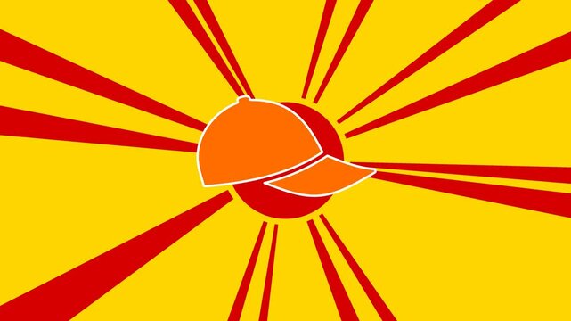 Baseball cap symbol on the background of animation from moving rays of the sun. Large orange symbol increases slightly. Seamless looped 4k animation on yellow background