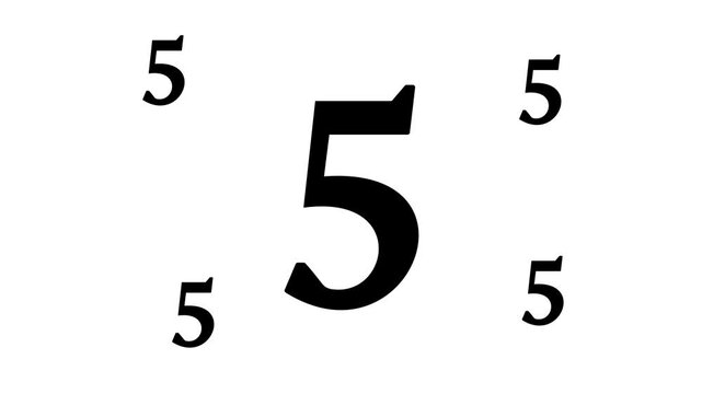 Zoom in and out animation the number five symbol. Large black symbol in the center and four small symbols around. Seamless looped 4k animation on white background