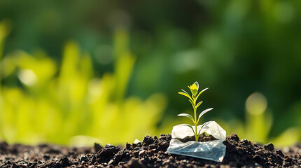  Small plant growing from plastic waste in fertile soil, concept of ecology, pollution and hope for environment