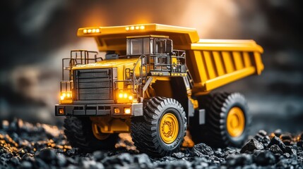 Miniature Yellow Dump Truck on Gravel Surface with Dramatic Lighting