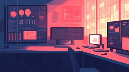 Modern office workspace with multiple digital screens and graphs