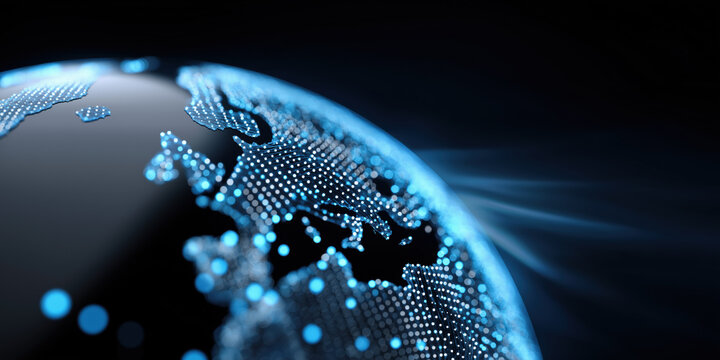 A globe with a blue and white design. The globe is surrounded by a black background. The globe is illuminated and he is glowing