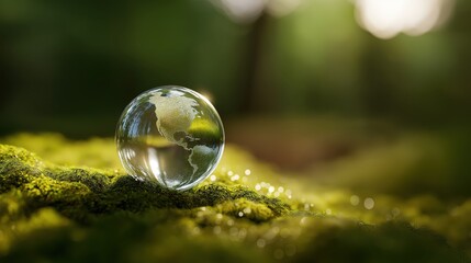 A clear glass globe rests on lush green moss in a forest, bathed in soft sunlight with golden highlights and natural shadows, evoking peace and connection to nature...