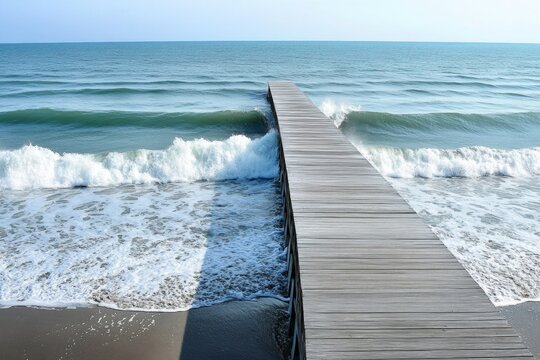 The boardwalk stretches far into the ocean, surrounded by gentle waves. The clear sky reflects on the water, creating a serene atmosphere perfect for relaxation and reflection