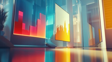 Modern Office Space with Digital Displays and Colorful Graphs