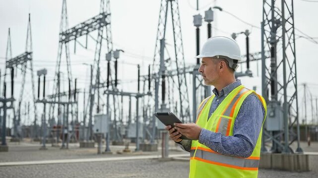 Male engineer inspecting power station with digital tablet. Man working in electrical substation with safety vest. Energy infrastructure.