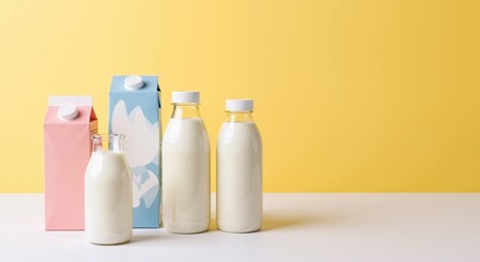 Various milk bottles and cartons arranged on yellow background. Different packaging types including glass bottles and cardboard containers. Dairy product variety and consumer choice concept