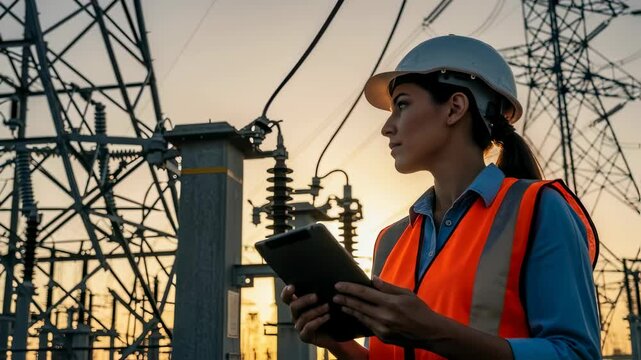 Woman engineer inspecting energy infrastructure. Electrical worker uses tablet at power substation control room. Transmission line inspection system footage.