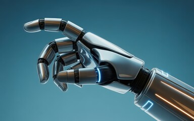 Fototapeta premium Close up of a futuristic robot hand reaching out on a blue background. AI concept.