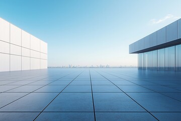 Fototapeta premium Modern Cityscape Architecture. Skyscraper Reflections Under Blue Sky - Urban Design with Elegant Lines and Geometric Structures