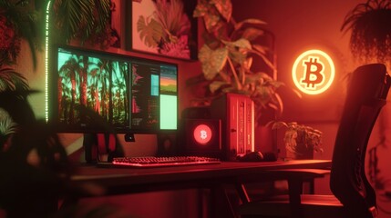 Modern Workspace with Cryptocurrency Theme and Vibrant Plant Decor