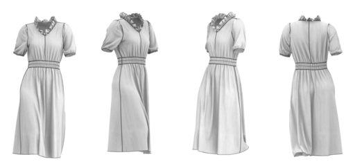 White dress with ruffle collar and short sleeves. Fitted waist with gathered fabric.