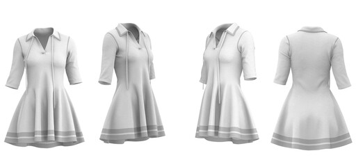 White short knit dress with collar. Half sleeves and flared skirt.