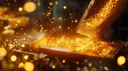 Molten Gold Poured into Molds Sparkles with Radiant Golden Glow