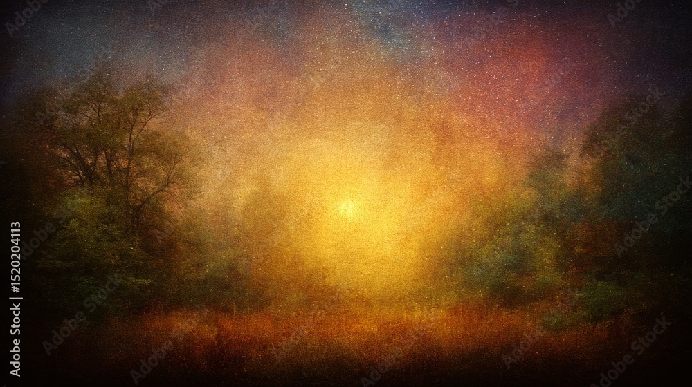 Poster vintage distressed depiction of a serene forest landscape at twilight with glowing light and soft hu