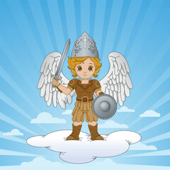 Drawing of Archangel Michael with shield and sword standing on a cloud against a blue sky background