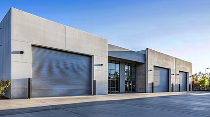 Modern industrial building exterior with loading docks and concrete walls on a sunny day