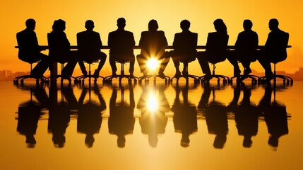 Silhouetted Business Meeting at Sunset with Reflections on Table