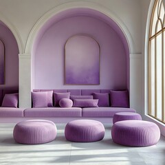 Stylish interior featuring a modern purple lounge area with circular poufs, soft cushions, and elegant architectural details, perfect for contemporary decor.