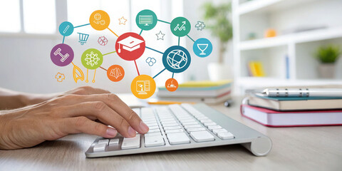 Online education and learning typing on keyboard for courses and degrees concept study from home concept 100