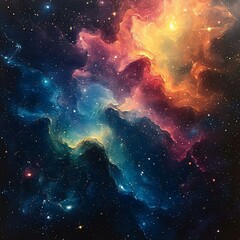 A vibrant cosmic scene showcasing colorful nebulae and stars against a dark space backdrop, evoking the beauty of the universe.