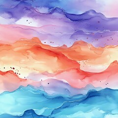 Beautiful abstract watercolor landscape featuring flowing waves of orange, pink, purple, and blue, evoking a serene and dreamy atmosphere.