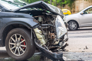 Destroyed crashed car outdoors after car crash traffic accident. Car insurance concept