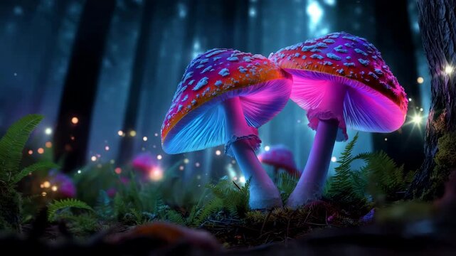 Luminescent mushrooms glow in an enchanted forest, creating a surreal fantasy landscape after dark